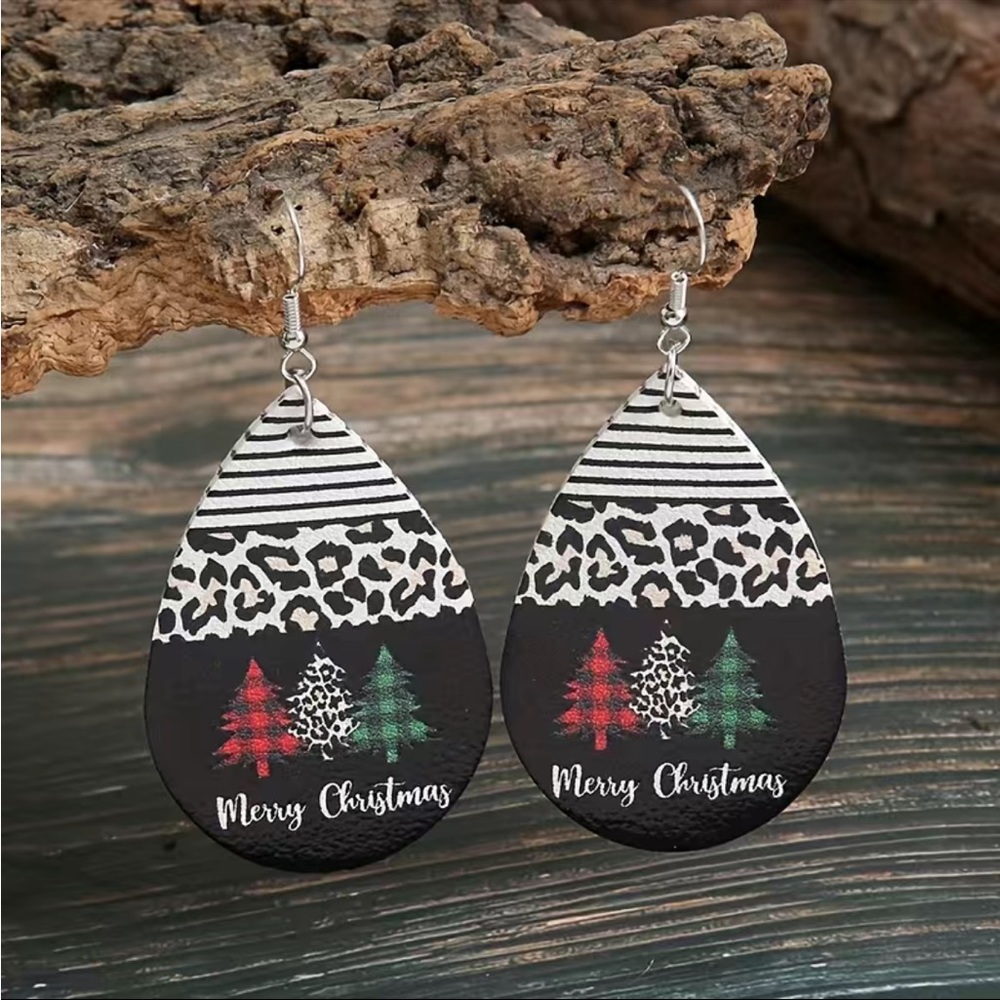 Christmas Tree & Leopard Pattern Teardrop Dangle Earrings